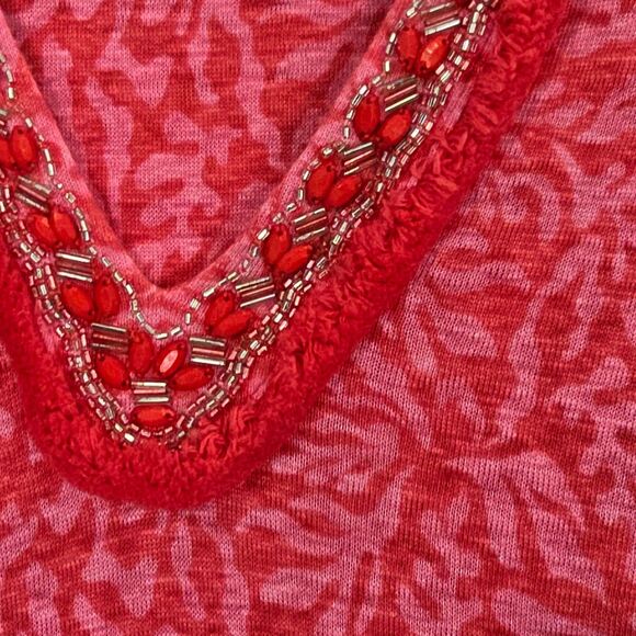 Chico’s Size 3 XL Reef Pink Red Linen Beaded Embellished Split Neck Tunic Top - Picture 6 of 14